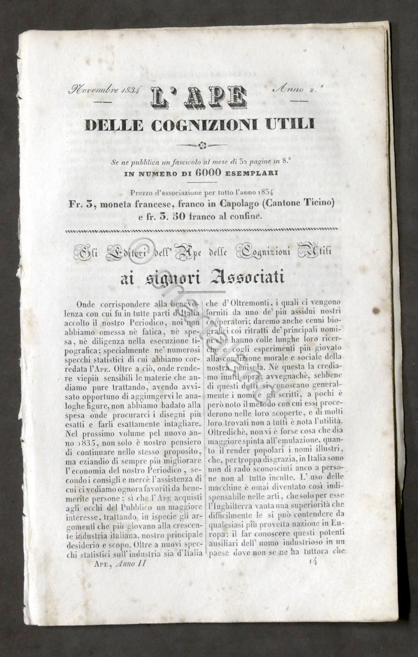 L'Ape delle cognizioni utili - scelta notizie invenzioni scoperte Novembre …