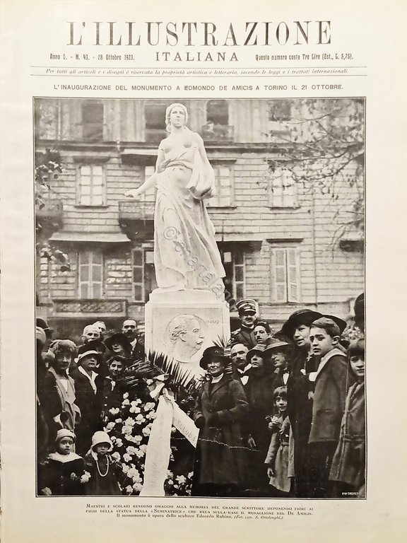 L'illustrazione Italiana - Monumento a Edmondo De Amicis a Torino N. 43 - 1923