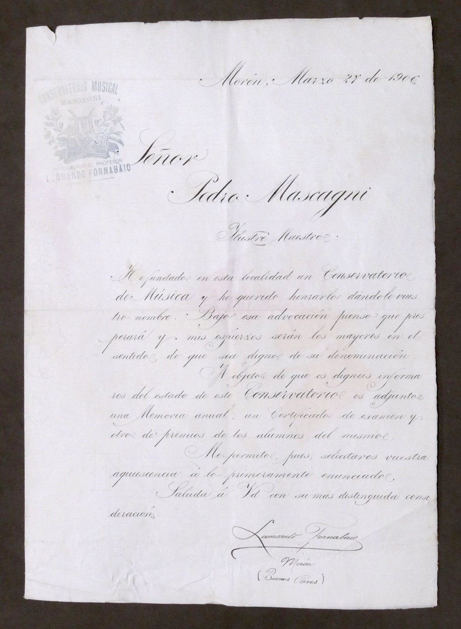 Lettera a Pietro Mascagni Carta intestata Conservatorio Mascagni 1906 Argentina