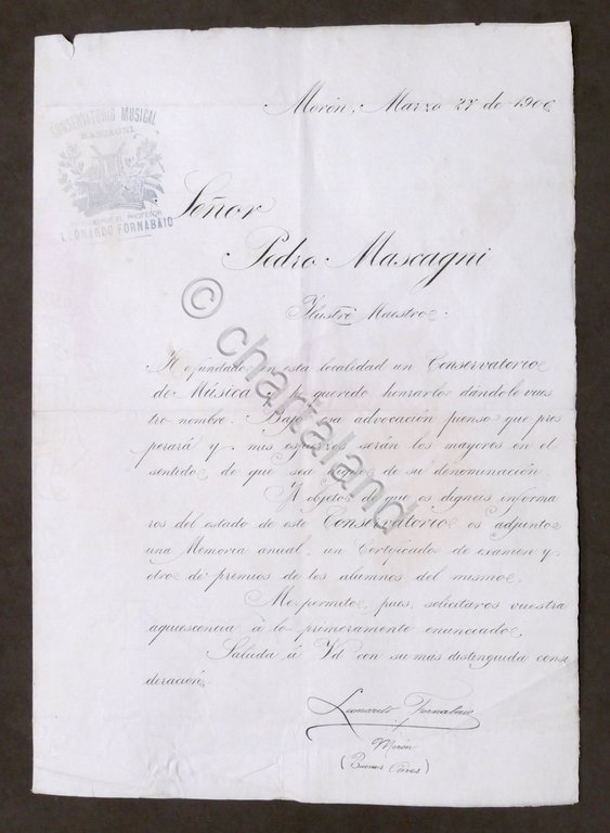 Lettera a Pietro Mascagni Carta intestata Conservatorio Mascagni 1906 Argentina