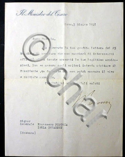 Lettera Autografa Ministro Tesoro Ivanoe Bonomi - 1921 | Immagine Gallery 2