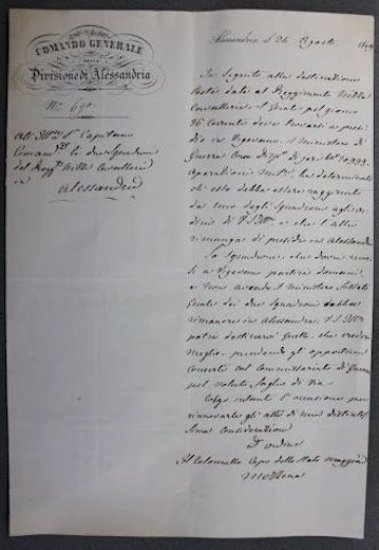 Lettera Autografo Colonnello Capo Stato Maggiore Mezzena 1849 Alessandria
