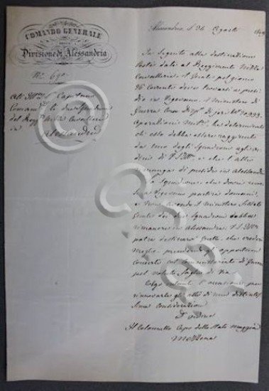 Lettera Autografo Colonnello Capo Stato Maggiore Mezzena 1849 Alessandria