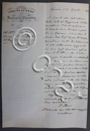 Lettera Autografo Colonnello Capo Stato Maggiore Mezzena 1849 Alessandria