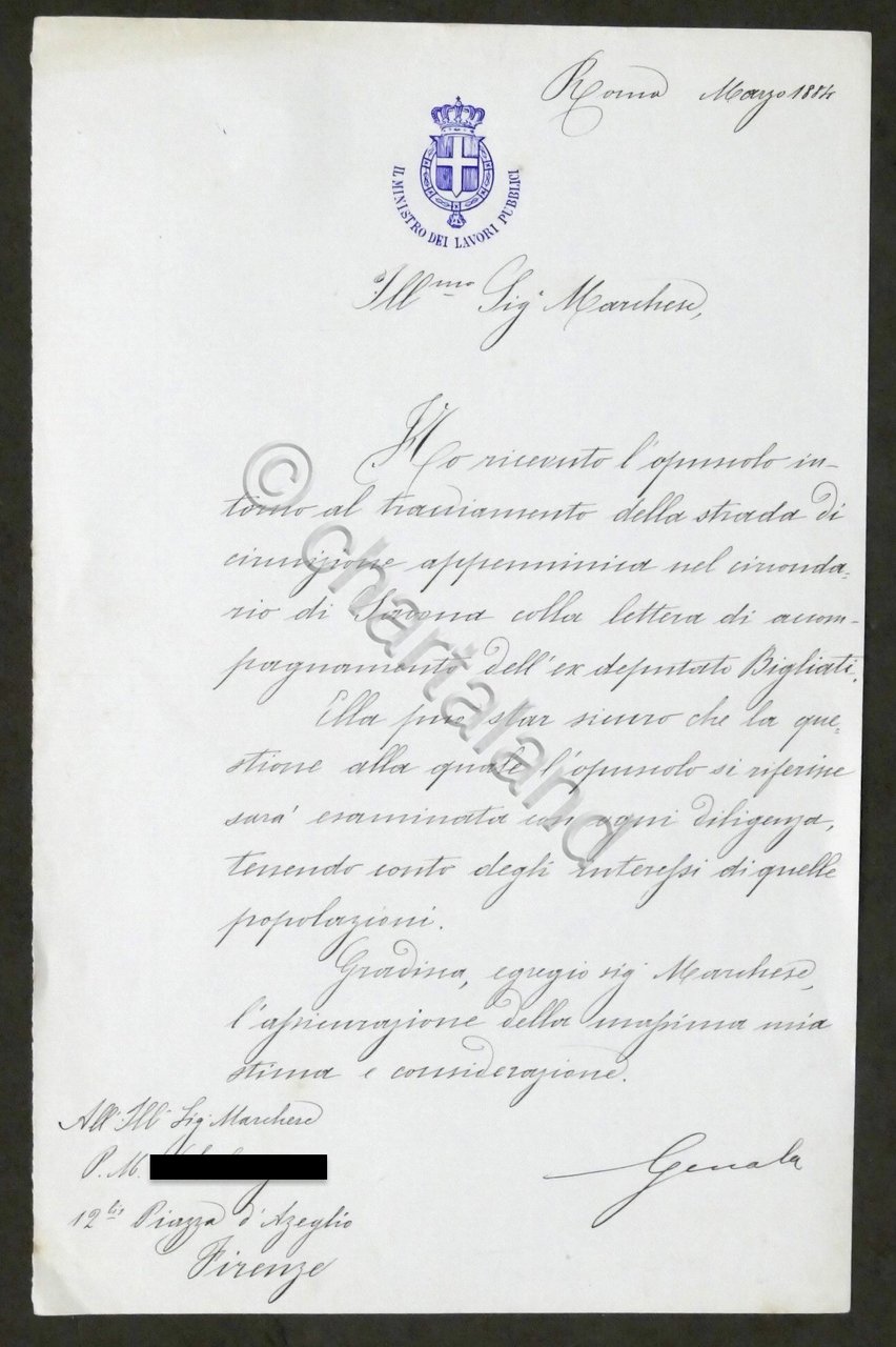 Lettera autografo di Francesco Genala Ministro dei lavori pubblici - …