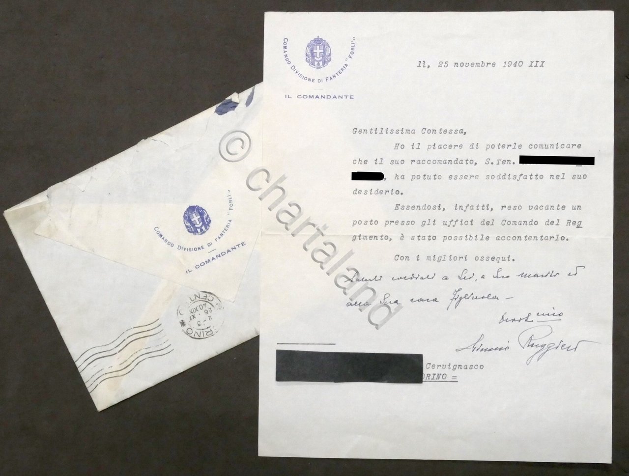 Lettera con autografo Comandante divisione Fanteria Forlì Giunio Ruggeri 1940