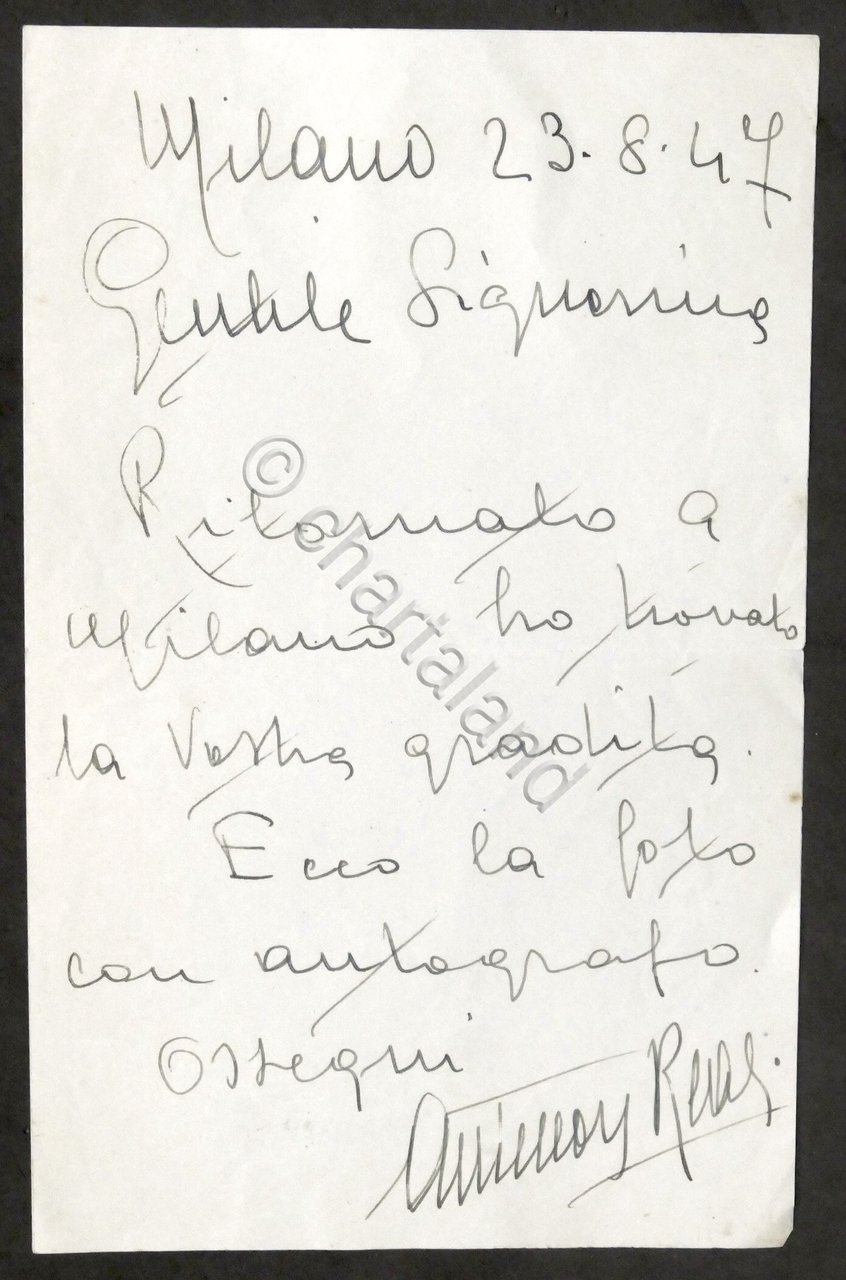Lettera con autografo del baritono Antenore Reali - 1947