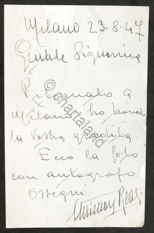 Lettera con autografo del baritono Antenore Reali - 1947