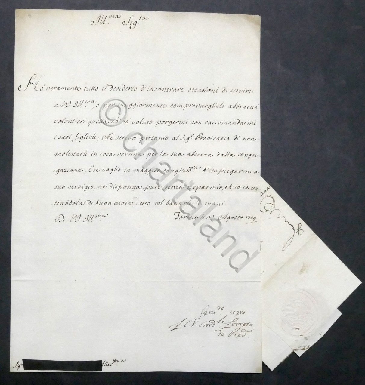 Lettera con autografo del Cardinale Carlo Vincenzo Ferrero - 1729