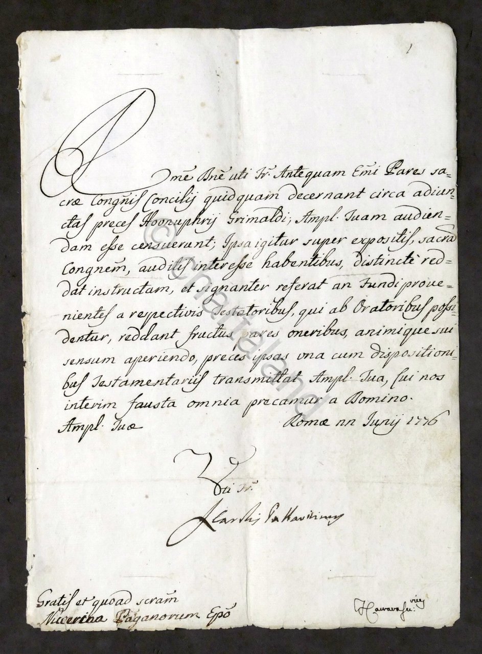 Lettera con autografo del Cardinale Lazzaro Pallavicini - 1776