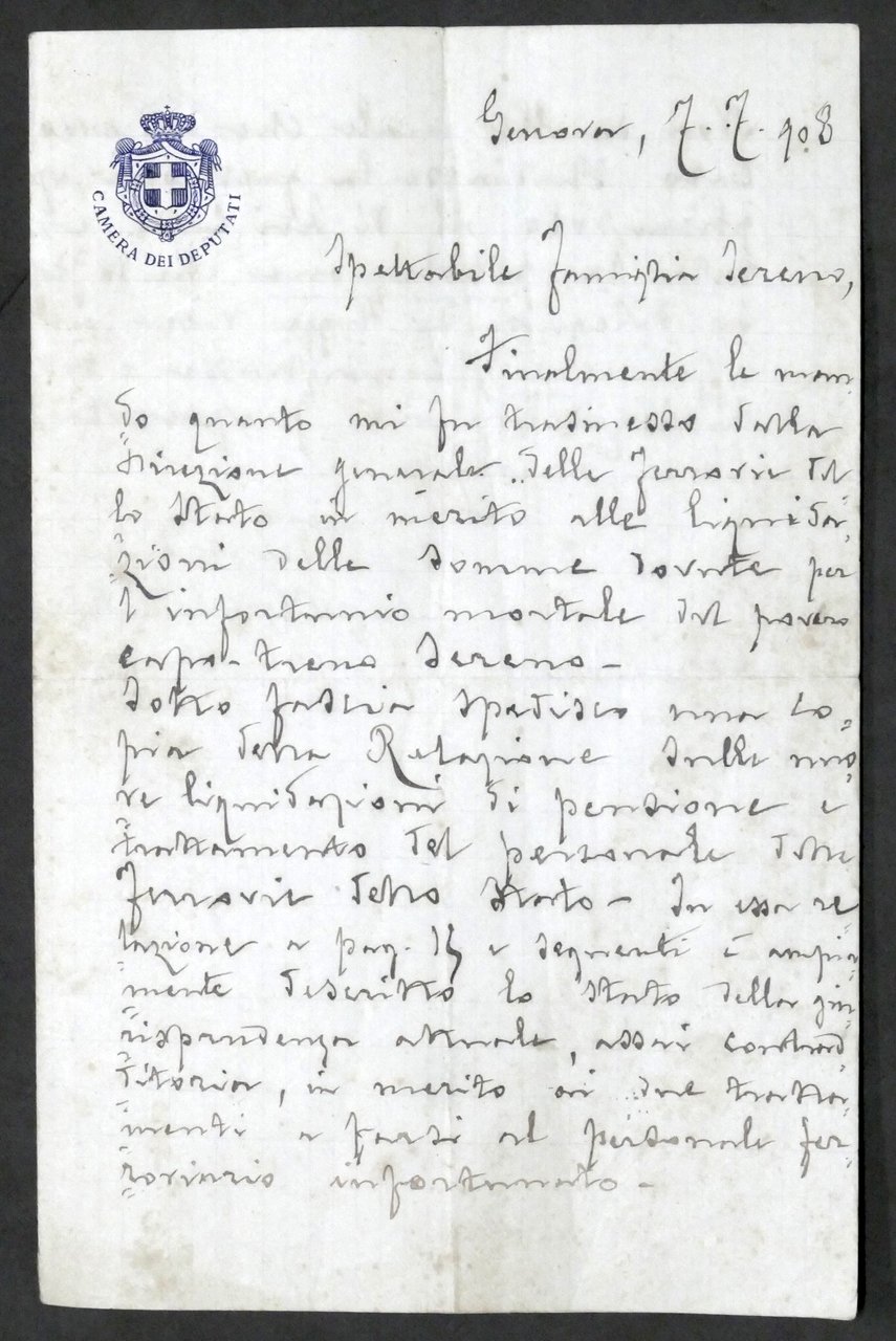 Lettera con autografo del deputato Natale Gallino - 1908
