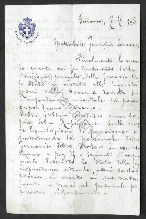 Lettera con autografo del deputato Natale Gallino - 1908