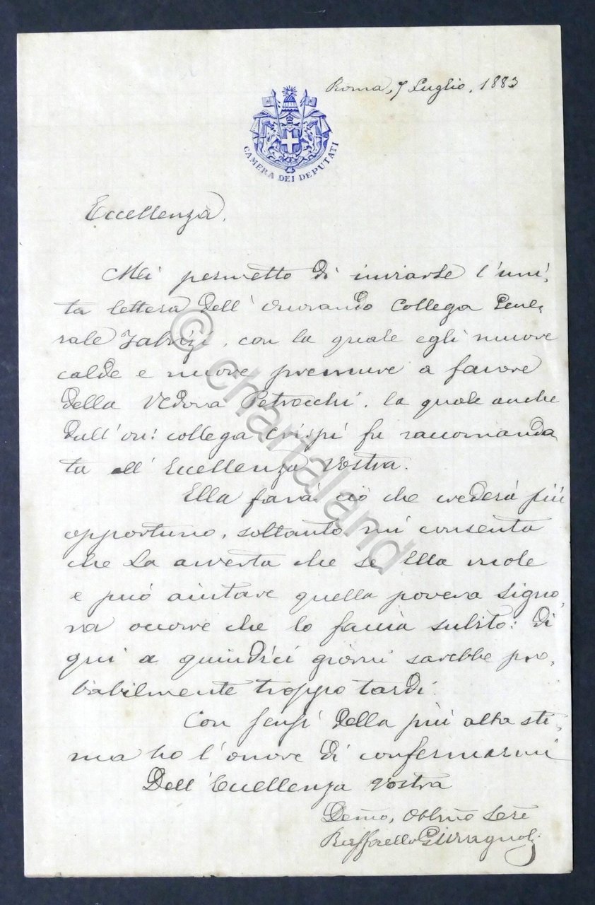 Lettera con autografo del deputato Raffaello Giovagnoli - 1883