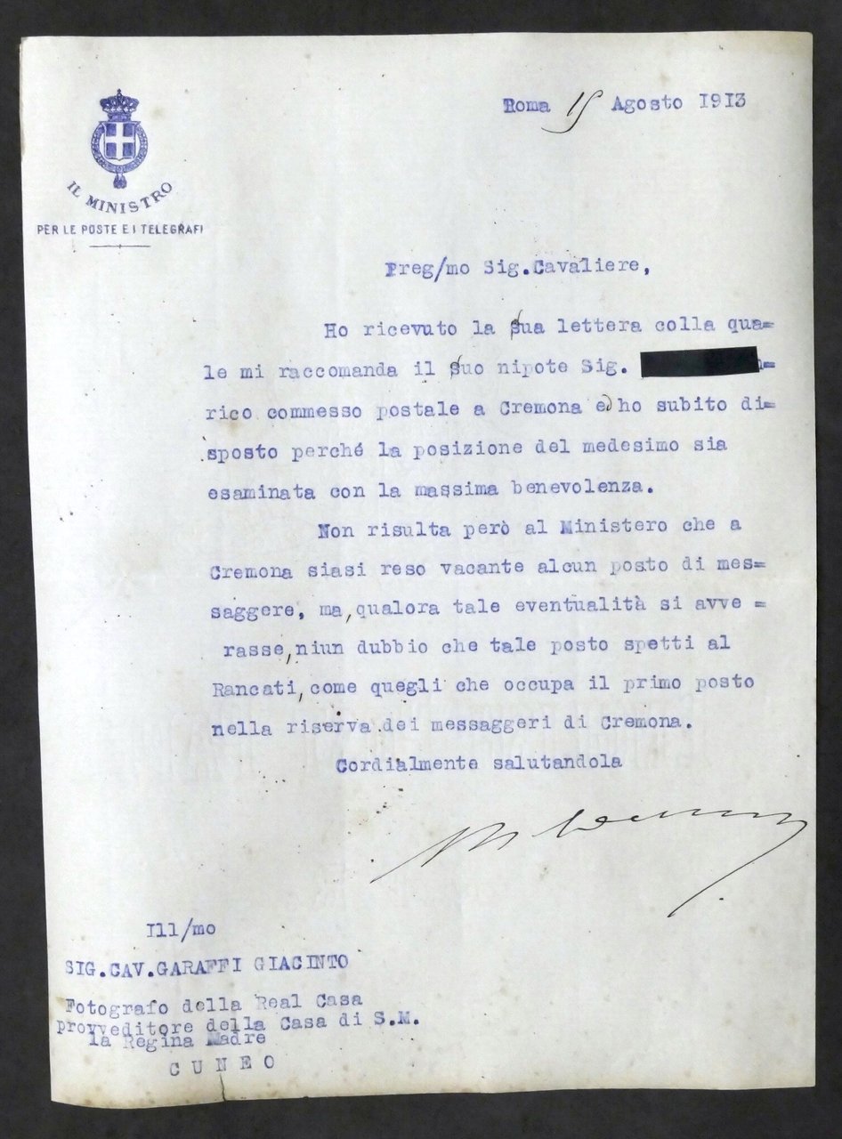 Lettera con autografo del Ministro Poste e Telegrafi Teobaldo Calissano …