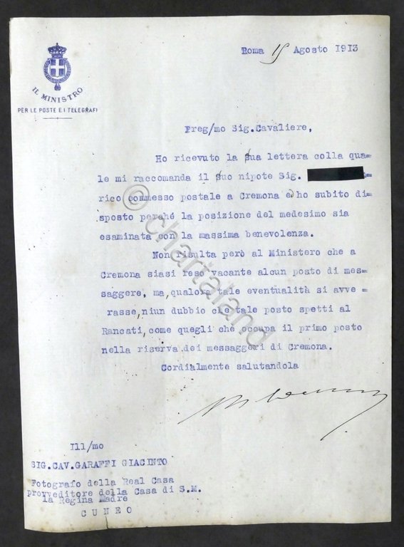 Lettera con autografo del Ministro Poste e Telegrafi Teobaldo Calissano …
