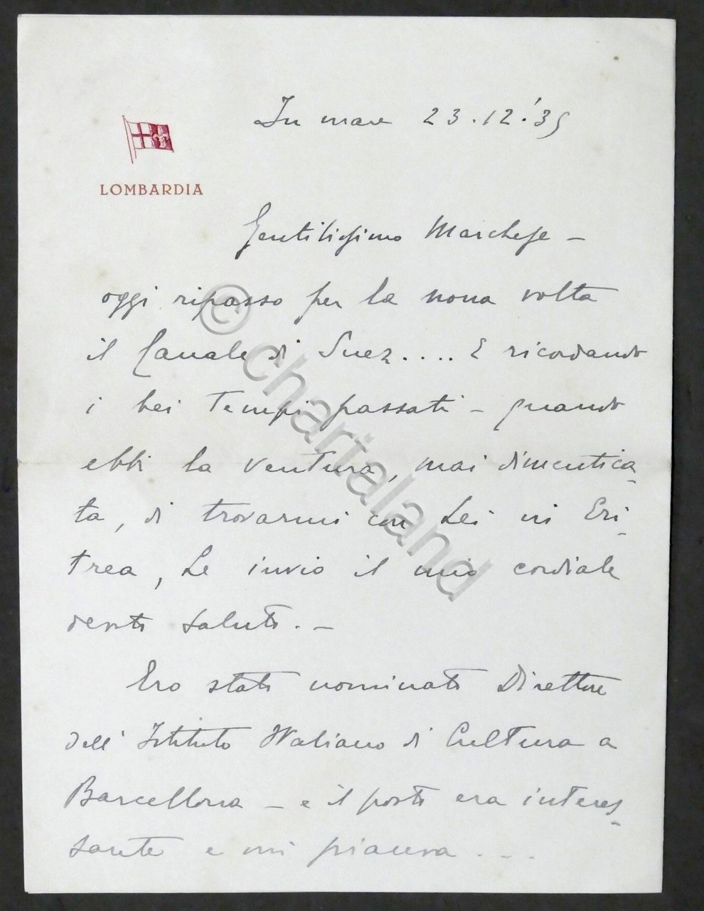Lettera con autografo del Ministro Renato Piacentini - A.O. Somalia …