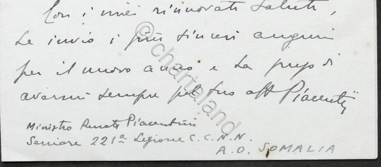 Lettera con autografo del Ministro Renato Piacentini - A.O. Somalia …