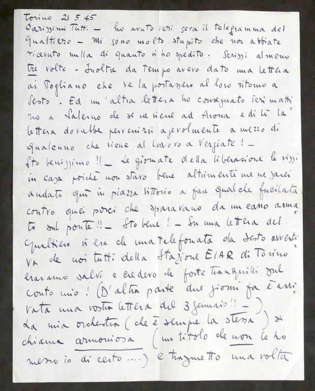Lettera con autografo del pianista Ruggero Maghini - Maggio 1945