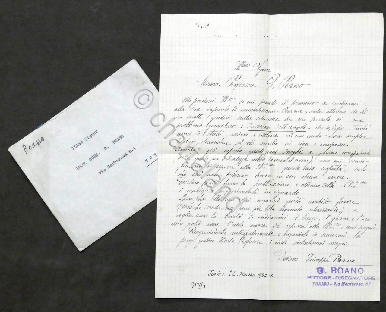 Lettera con autografo del pittore e disegnatore Giuseppe Boano - … | Immagine principale