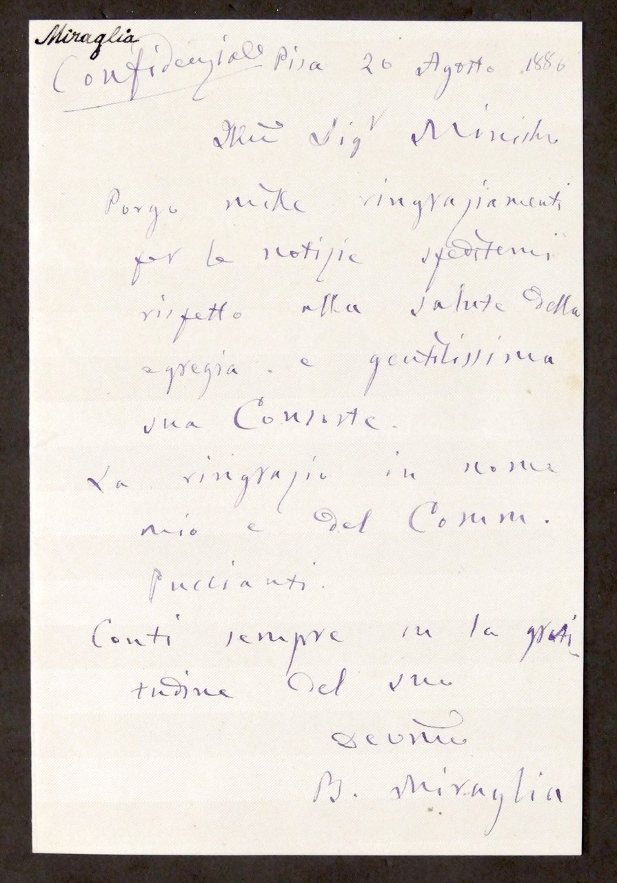 Lettera con autografo del politico B. Miraglia - 1886