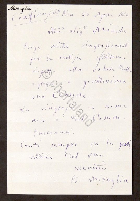 Lettera con autografo del politico B. Miraglia - 1886
