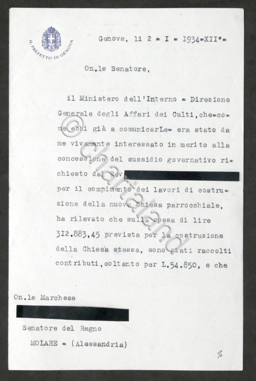 Lettera con autografo del prefetto di Genova Umberto Albini - …