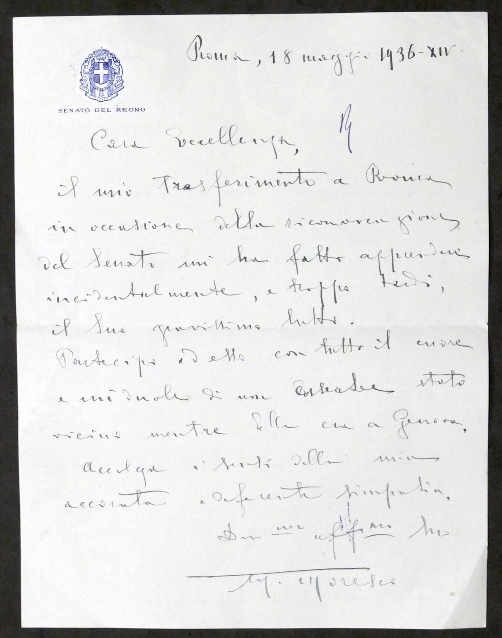 Lettera con autografo del senatore Mattia Moresco - 1936 | Immagine principale