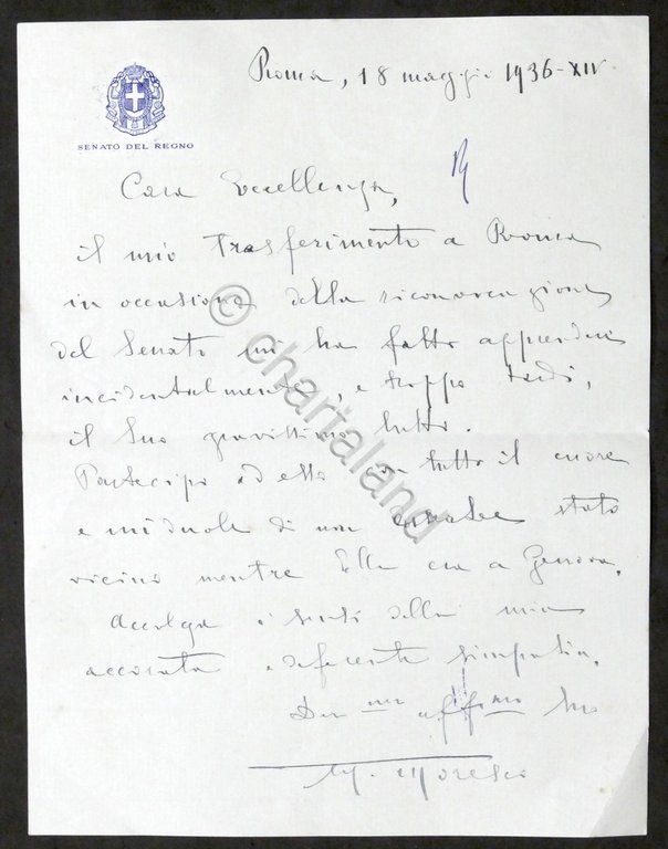 Lettera con autografo del senatore Mattia Moresco - 1936 | Immagine Gallery 3
