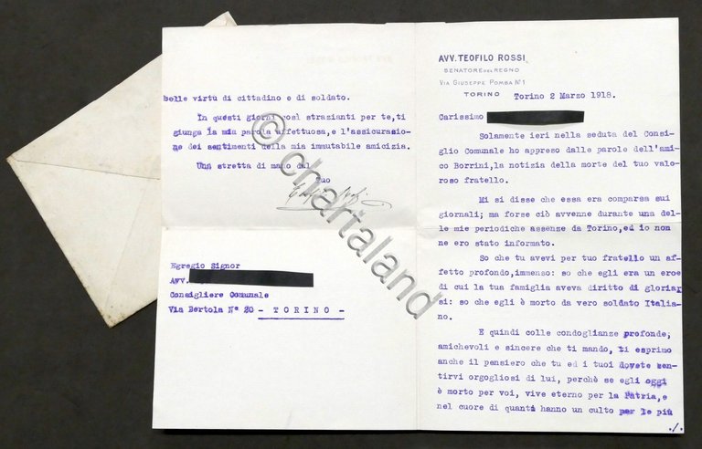 Lettera con autografo del senatore Teofilo Rossi di Montelera - …