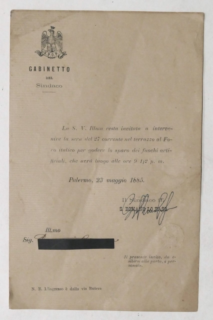 Lettera con Autografo sindaco di Palermo S. Romano Lo Faso …