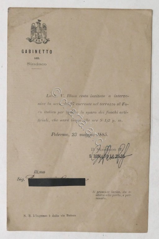 Lettera con Autografo sindaco di Palermo S. Romano Lo Faso …
