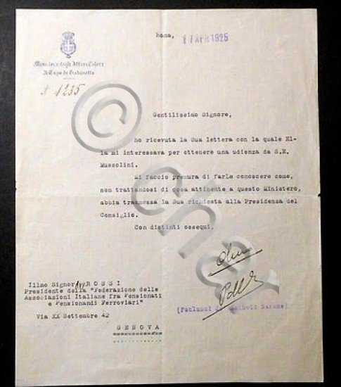 Lettera Dattiloscritta - Autografo Barone Paulucci de' Calboli - 1925