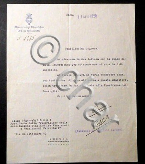 Lettera Dattiloscritta - Autografo Barone Paulucci de' Calboli - 1925