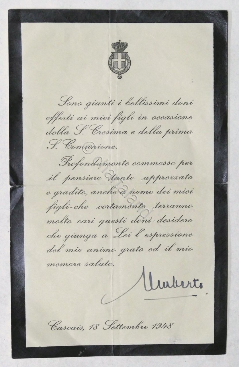 Lettera di ringraziamento con autografo di Umberto II di Savoia …