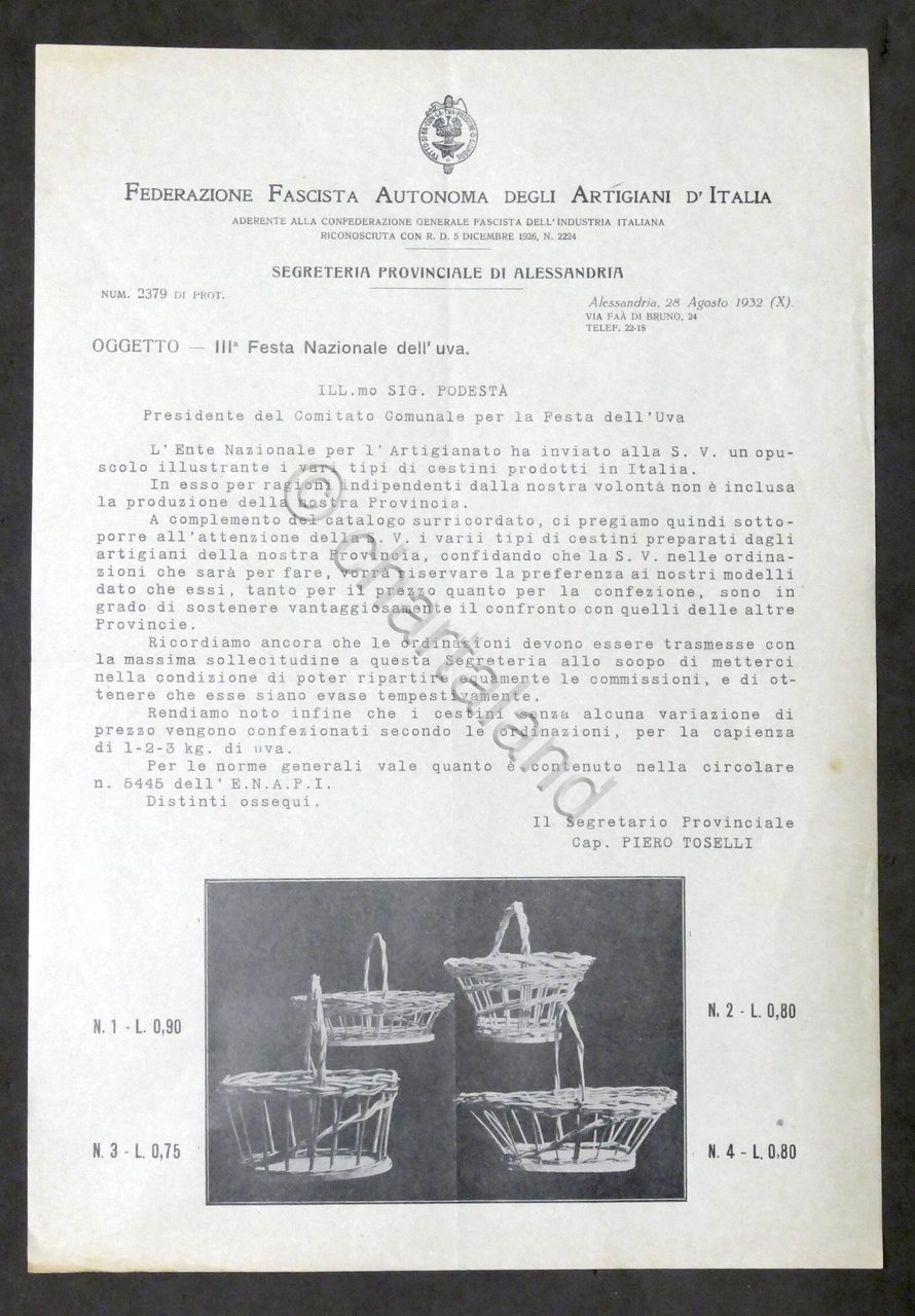 Lettera Federazione Artigiani d'Italia - Alessandria - Festa Nazionale Uva …