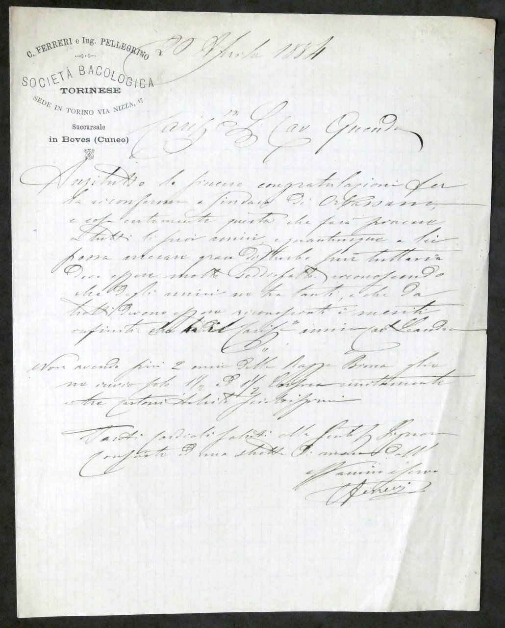 Lettera manoscritta - Società Bacologica Torinese - 1884 | Immagine principale