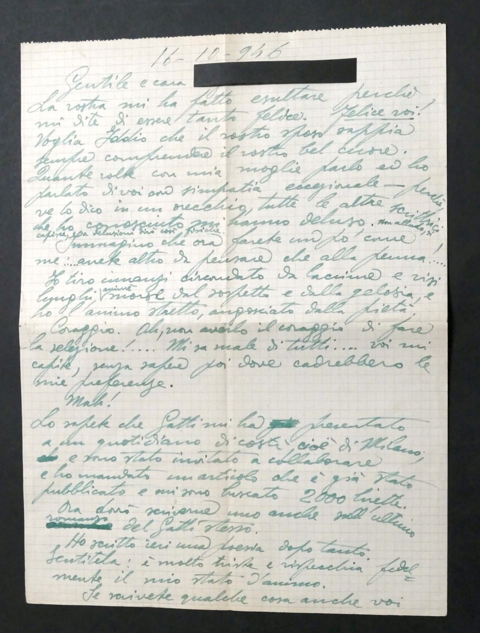 Lettera manoscritta autografo del poeta Garibaldo Alessandrini - 1946