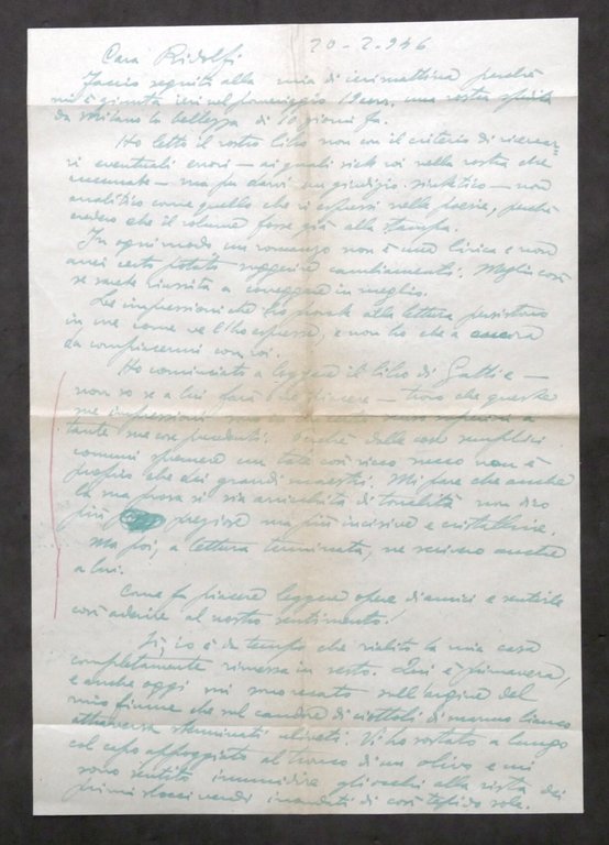 Lettera manoscritta autografo del poeta Garibaldo Alessandrini - 1946
