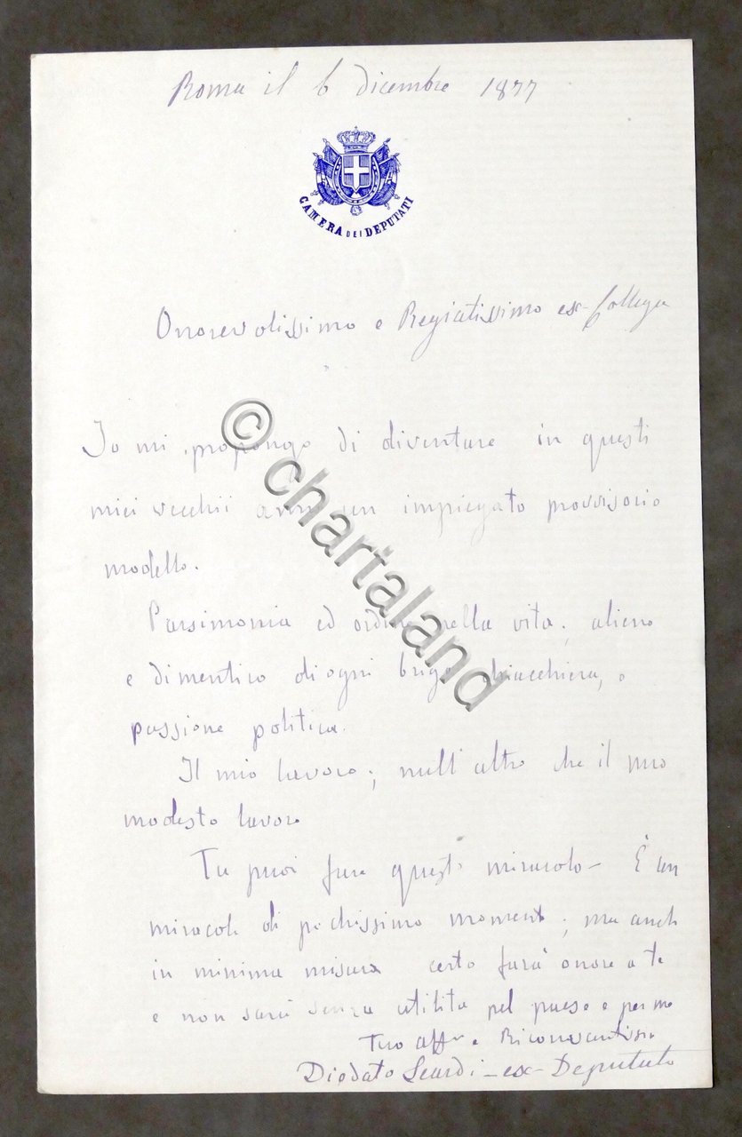Lettera manoscritta con autografo - Diodato Leardi - 1877 | Immagine principale