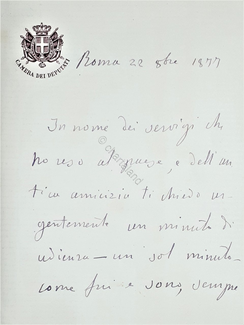 Lettera manoscritta con autografo - Politico Diodato Leardi - 1877 | Immagine principale