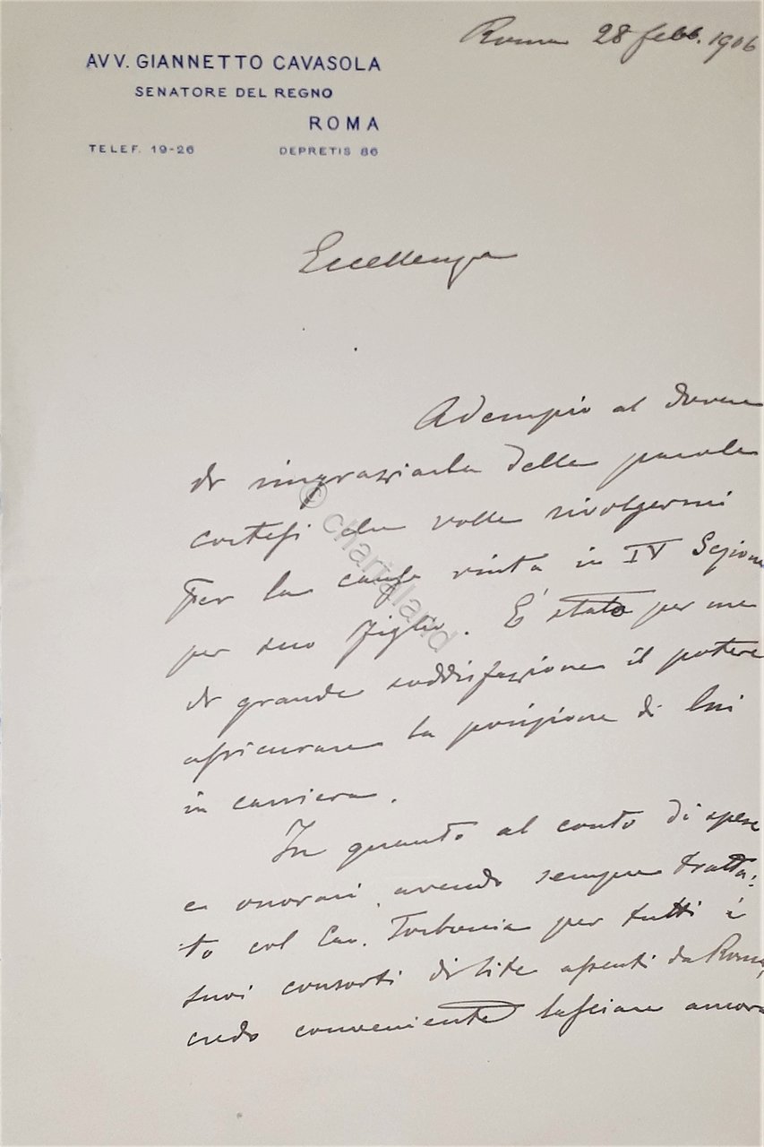 Lettera manoscritta con autografo - Politico Giannetto Cavasola - 1906