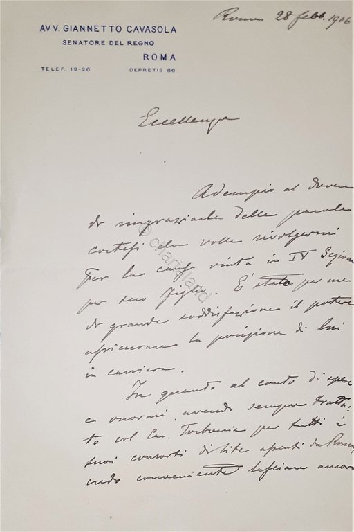Lettera manoscritta con autografo - Politico Giannetto Cavasola - 1906