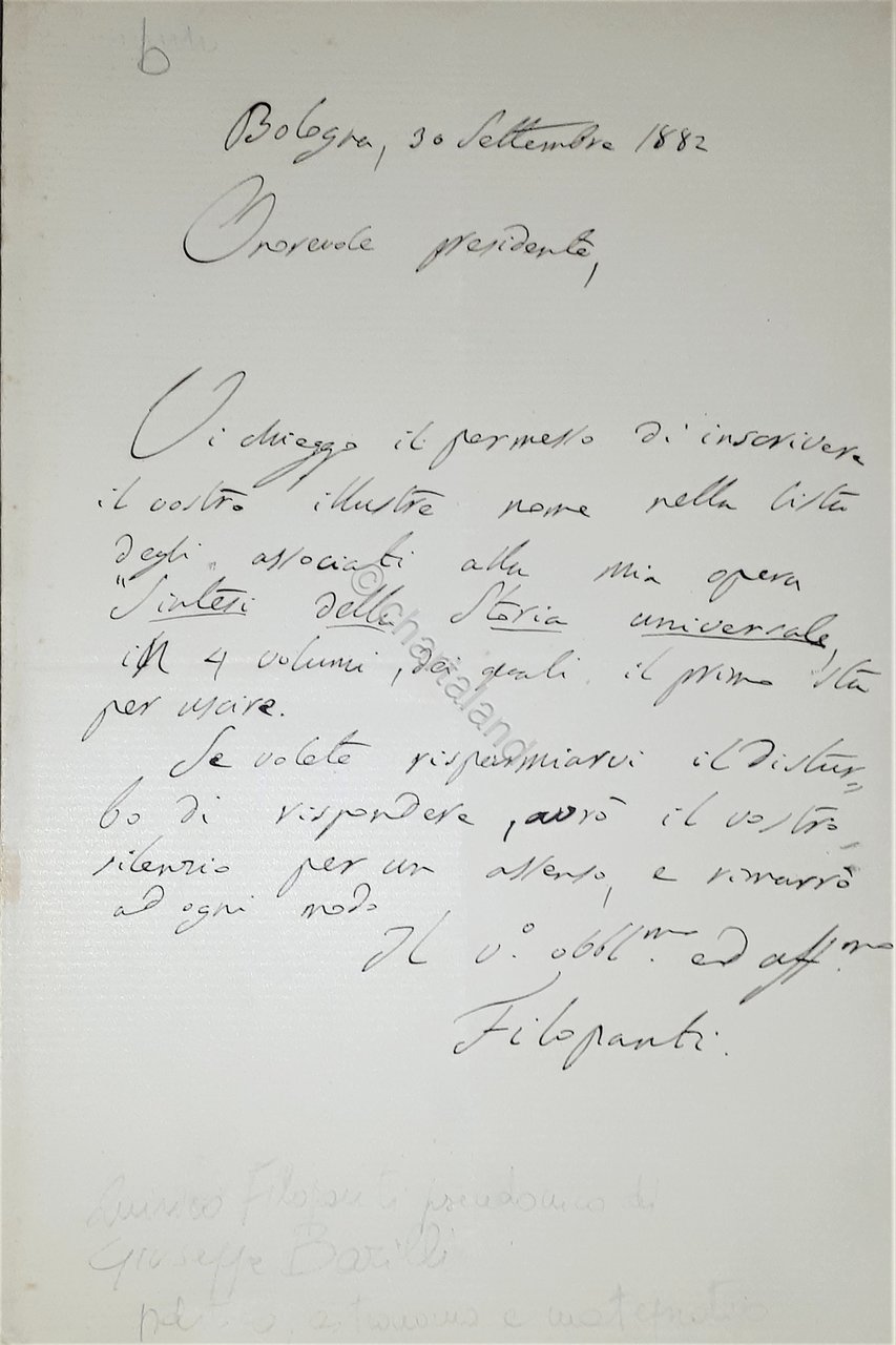 Lettera manoscritta con autografo - Politico italiano Quirico Filopanti - … | Immagine principale