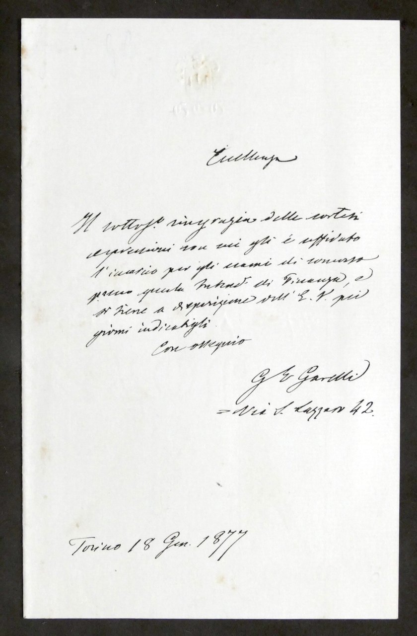 Lettera manoscritta con autografo del deputato Giovanni Garelli - 1877