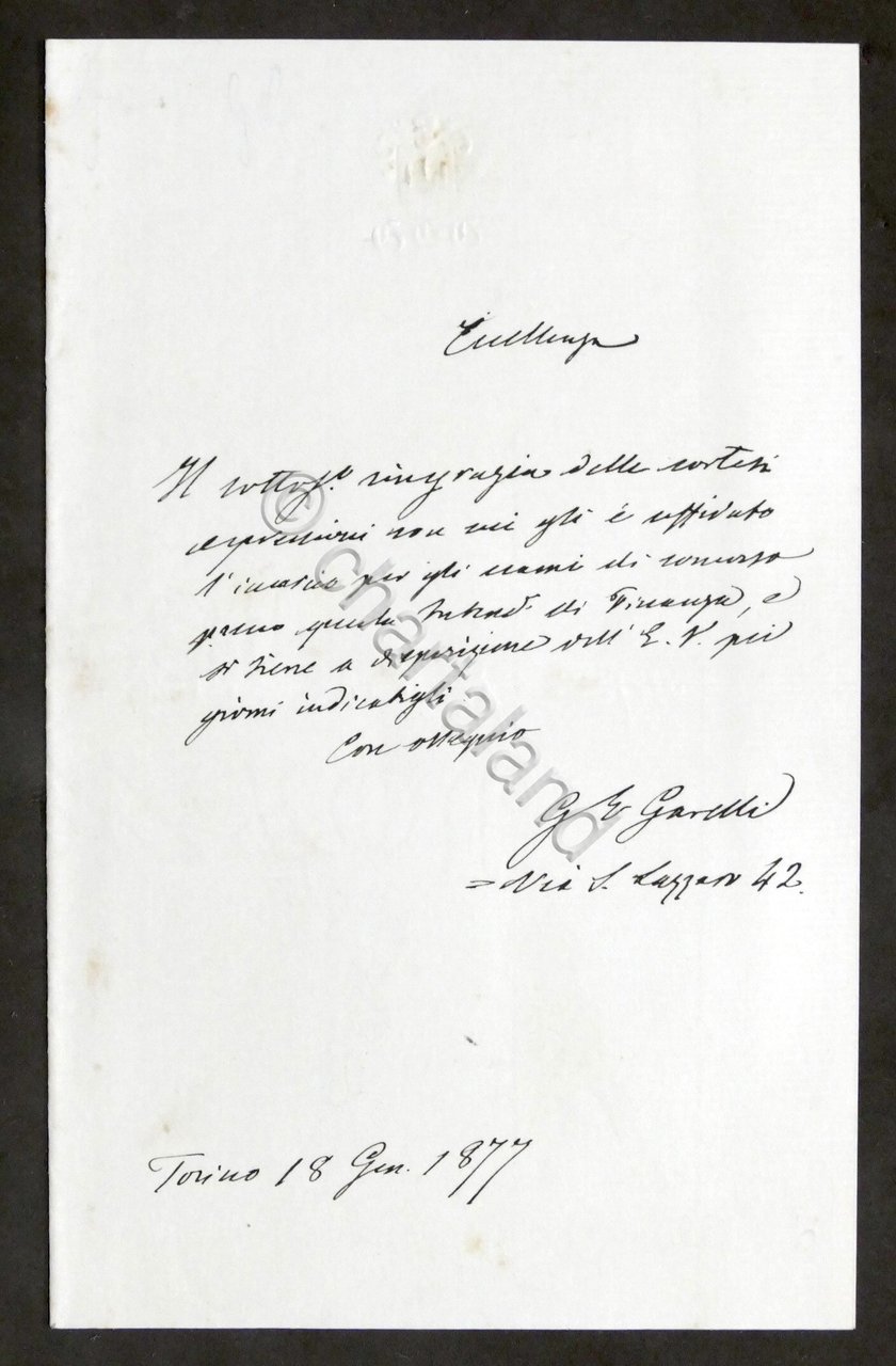 Lettera manoscritta con autografo del deputato Giovanni Garelli - 1877