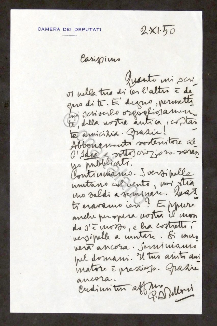 Lettera manoscritta con autografo del deputato Giulio Andrea Belloni - … | Immagine principale