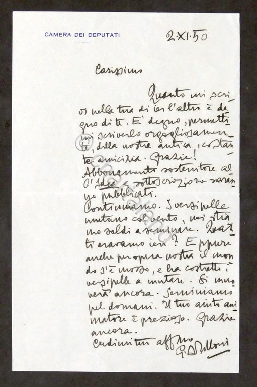 Lettera manoscritta con autografo del deputato Giulio Andrea Belloni - 1950