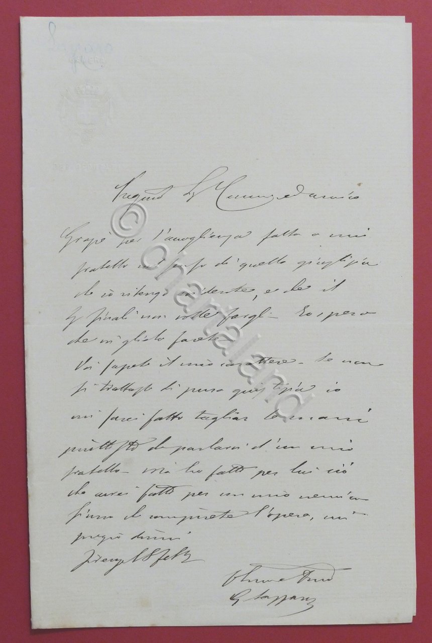 Lettera manoscritta con autografo del deputato Giuseppe Lazzaro - 1880 …