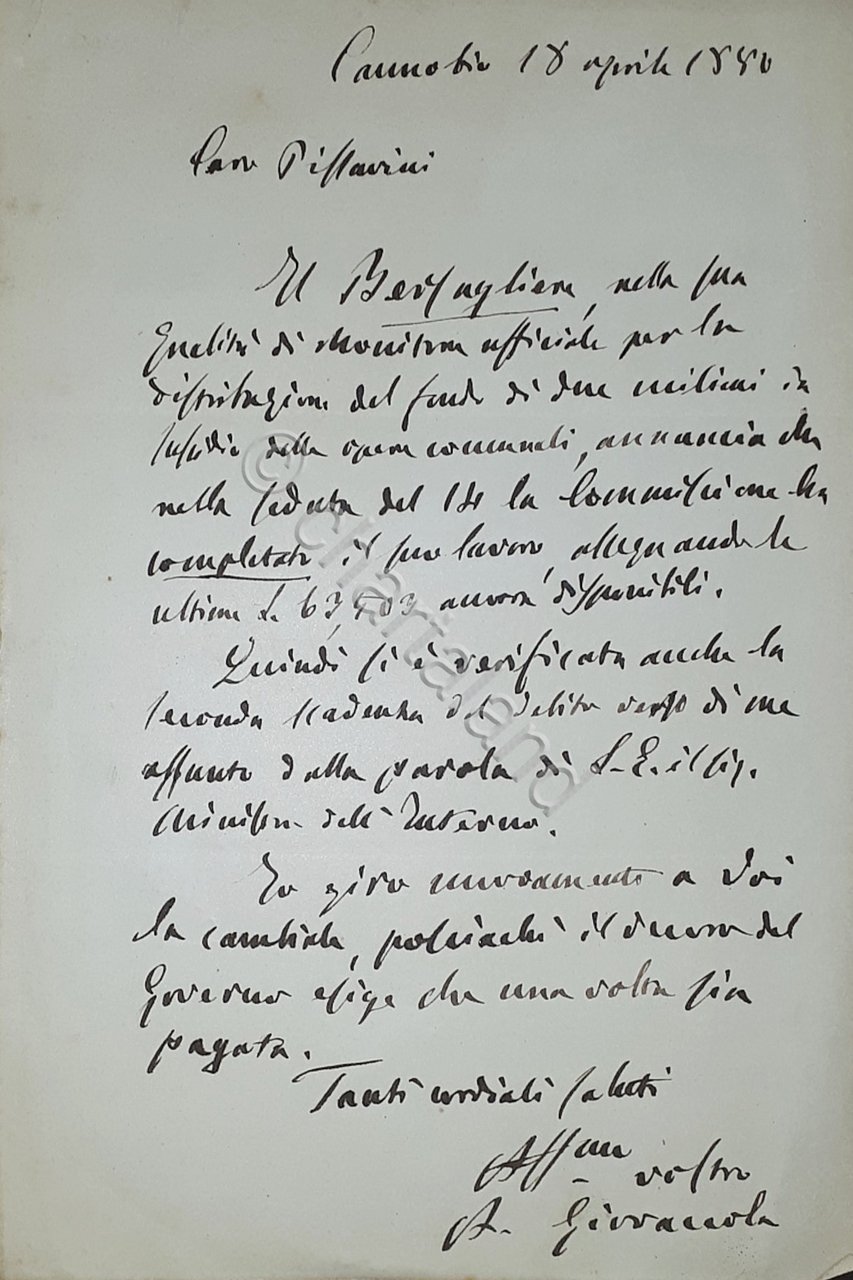 Lettera manoscritta con autografo del politico Antonio Giovanola - 1880 | Immagine principale
