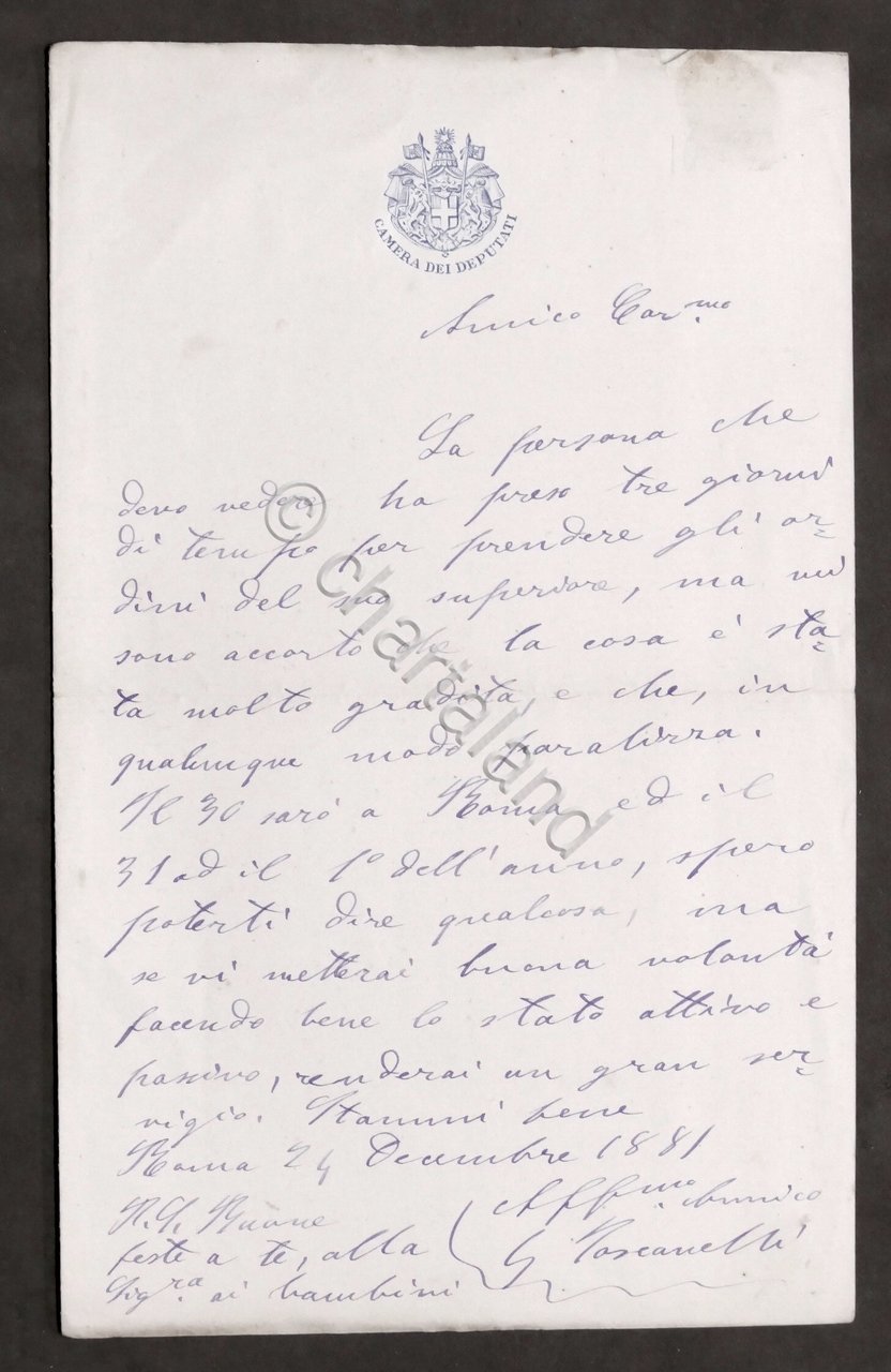 Lettera manoscritta con autografo del Politico Giuseppe Toscanelli - 1881